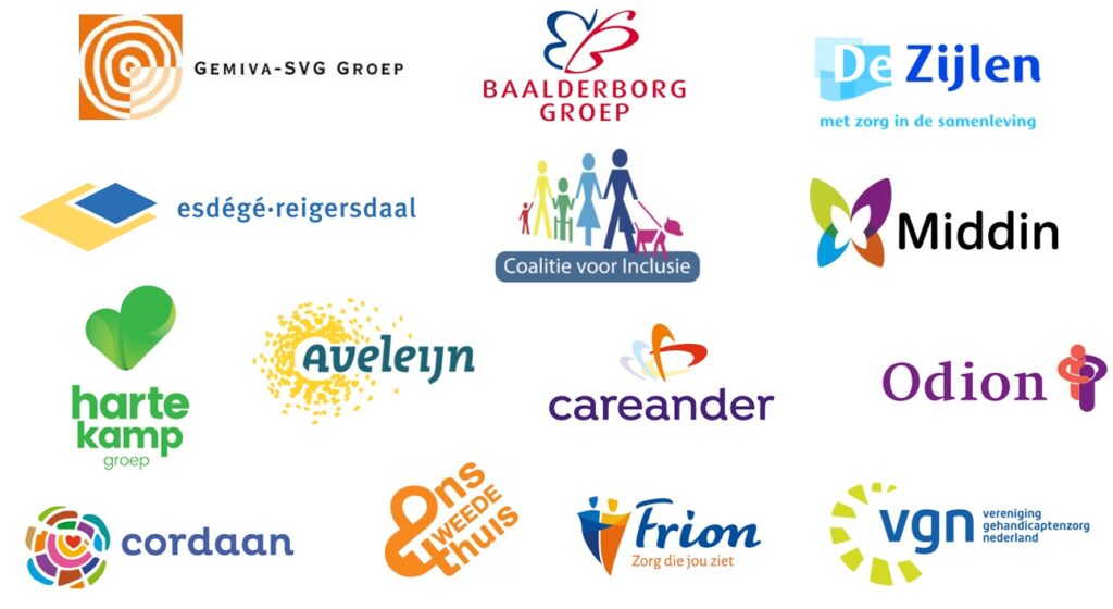 Logo's van deelnemers: Gemiva-SVG Groep, BAALDERBORD GROEP, De Zijlen, Esdégé Reigersdaal, Coalitie voor Inclusie, Middin, hartekamp groep, Aveleijn, Careander, Odion, Cordaan, Ons tweede thuis, Frion& VGN