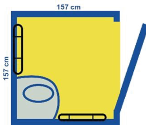 Tekening van een rolstoeltoegankelijk toilet, die minimaal 157cm keer 157cm is