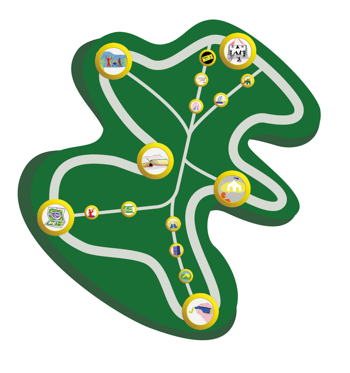 afbeelding van een festivalterrein met verschillende iconen die bij een onderwerp van de Routekaart toegankelijke festivals horen